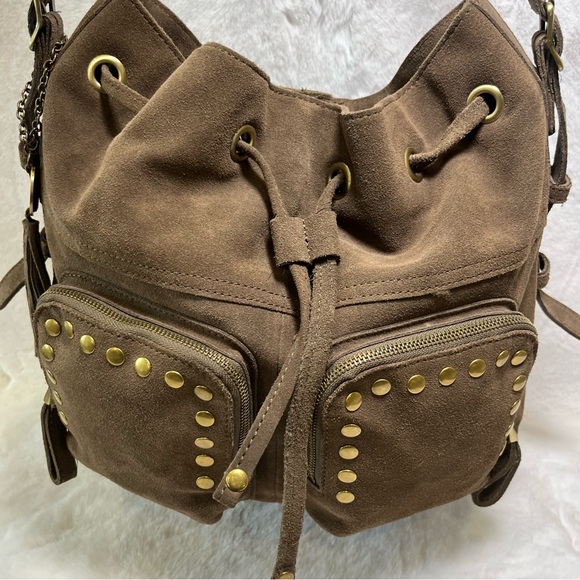Crown Vintage Suede Drawstring Satchel Handbag. Brown with Gold Stud Accents - Picture 8 of 15